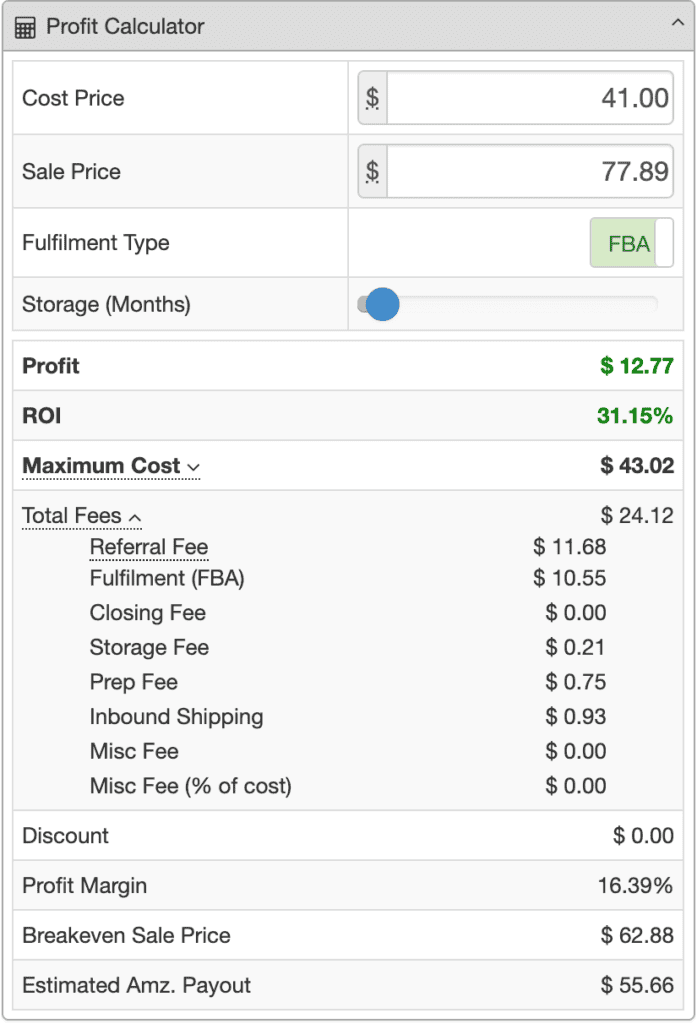 Profit Calculator showing FBA fees, ROI and profit
