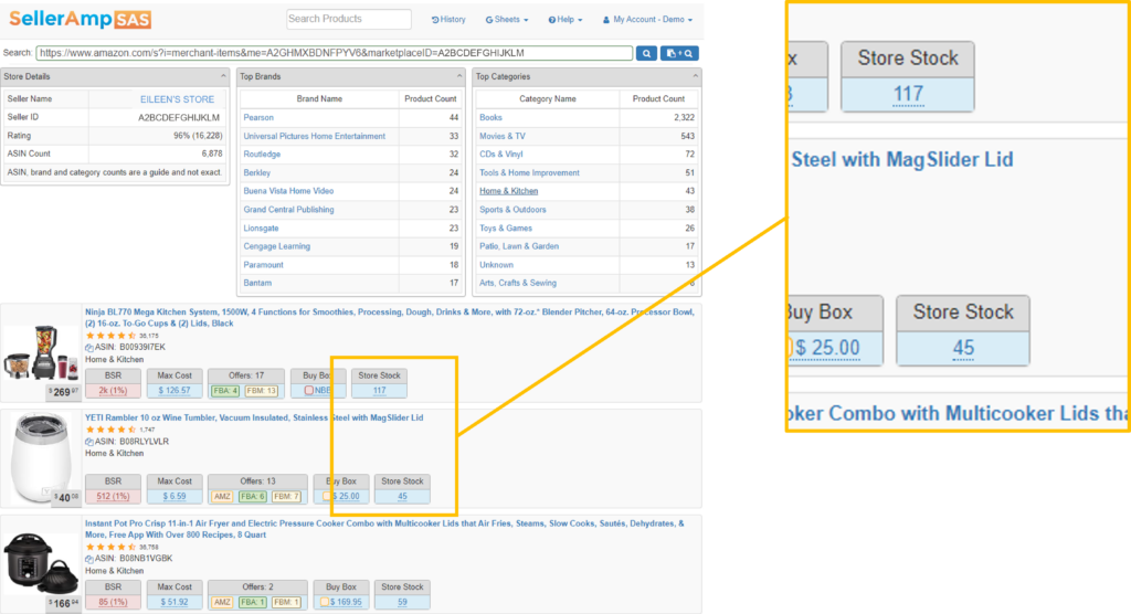SellerAmp SAS Storefront Search with Stock levels