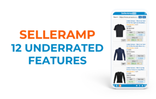 SellerAmp 12 Underrated Features with example listings displayed on mobile interface