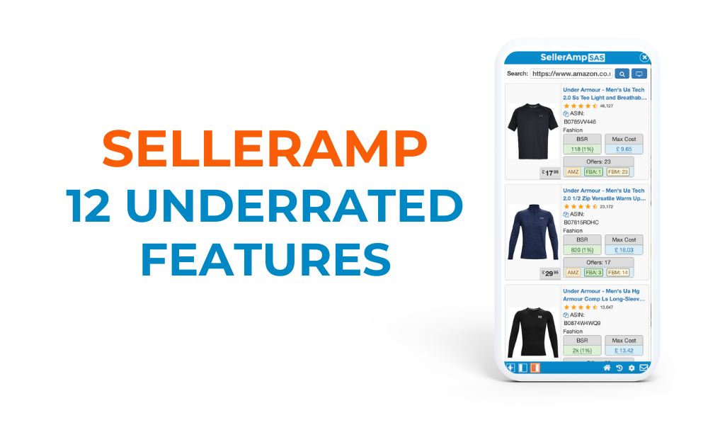 SellerAmp 12 Underrated Features with example listings displayed on mobile interface