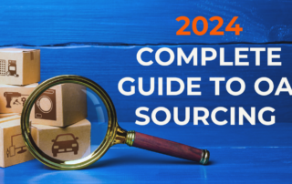 Magnifying glass over cardboard boxes with product icons and the text '2024 Complete Guide to online arbitrage sourcing' on a blue background.