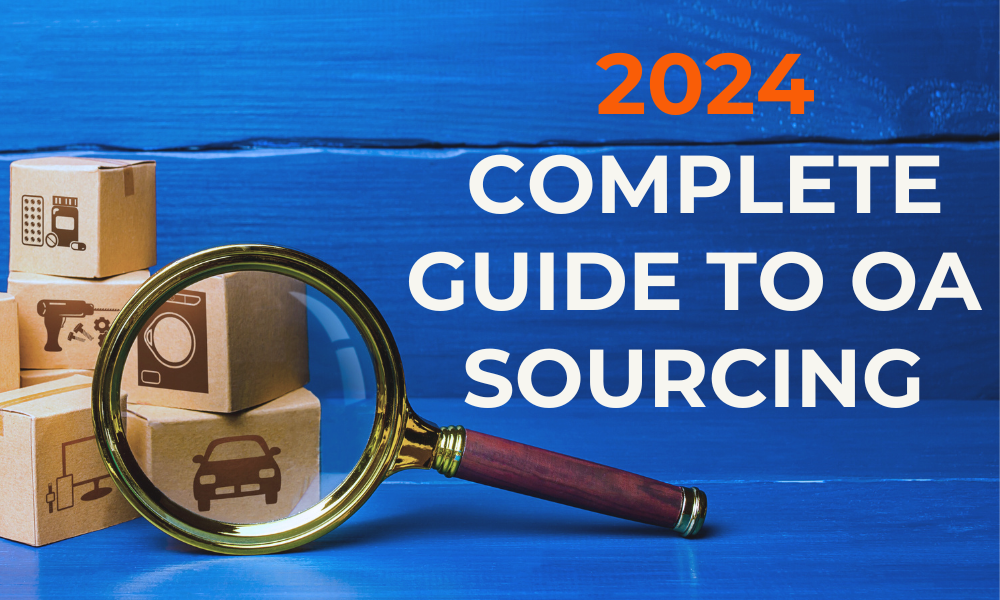 Magnifying glass over cardboard boxes with product icons and the text '2024 Complete Guide to online arbitrage sourcing' on a blue background.