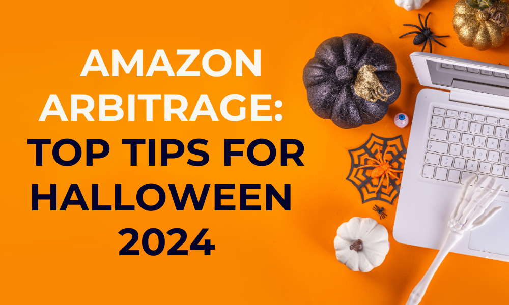 The image features a laptop on an orange background with Halloween-themed decorations, such as pumpkins, spiders, and skeleton hands typing. The text reads, "Amazon Arbitrage: Top Tips for Halloween 2024," combining a spooky vibe with online selling strategies.