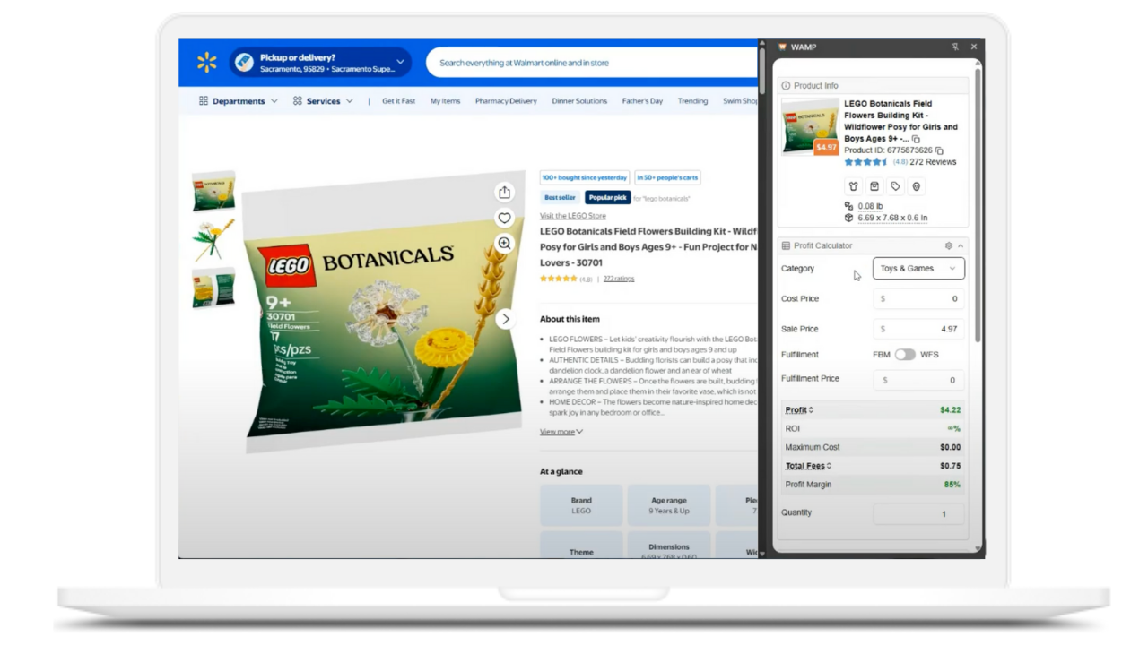 A laptop displaying a Walmart product listing for a LEGO Botanicals Field Flowers Building Kit on the left side of the screen, and the Wamp browser extension on the right side. The Wamp panel shows product details and a profit calculator with metrics like profit, ROI, fees, and profit margin, designed to help sellers analyze Walmart marketplace opportunities.