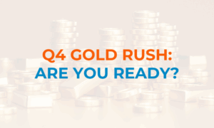 Background image of gold coins and bars with Q$ Gold Rush: Are You Ready? Written in the foreground.