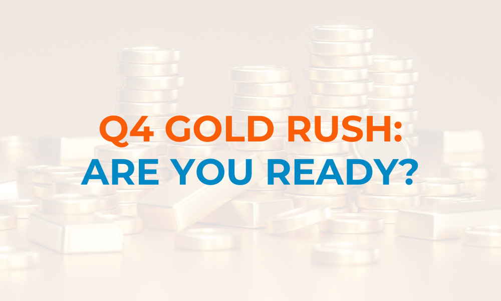 Background image of gold coins and bars with Q$ Gold Rush: Are You Ready? Written in the foreground.