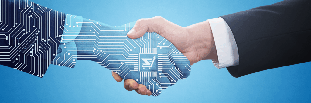 Human and digital hands shaking, symbolizing partnership between technology and business.