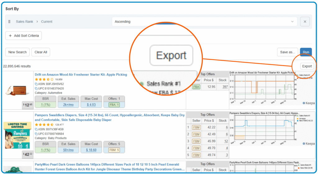 Magnified view of the Export function.