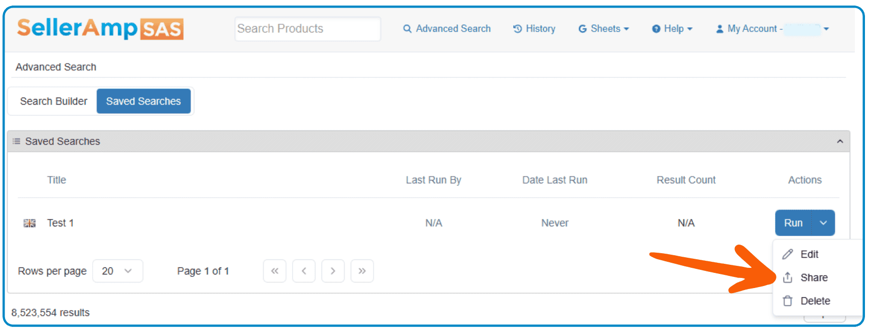 Share option highlighted by an arrow.