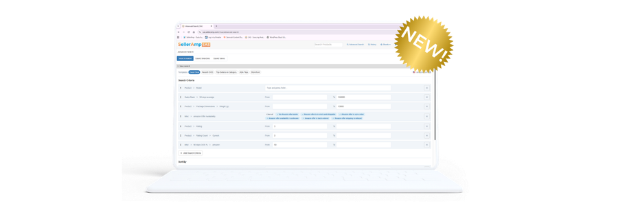 Image of a laptop displaying SellerAmp Advanced Search.
