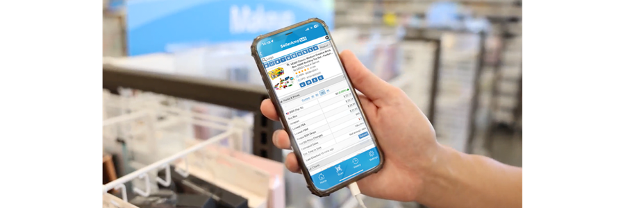 Amazon FBA seller calculating profit on a product before buying in-store.