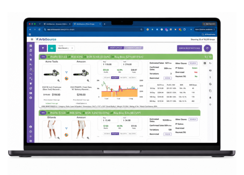 Laptop showing ArbiSource tool displaying pricing information on products.