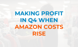 Image of a man using the SellerAmp SAS mobile app to scan in store overlaid by the text Making Profit In Q4 When Amazon Costs Rise